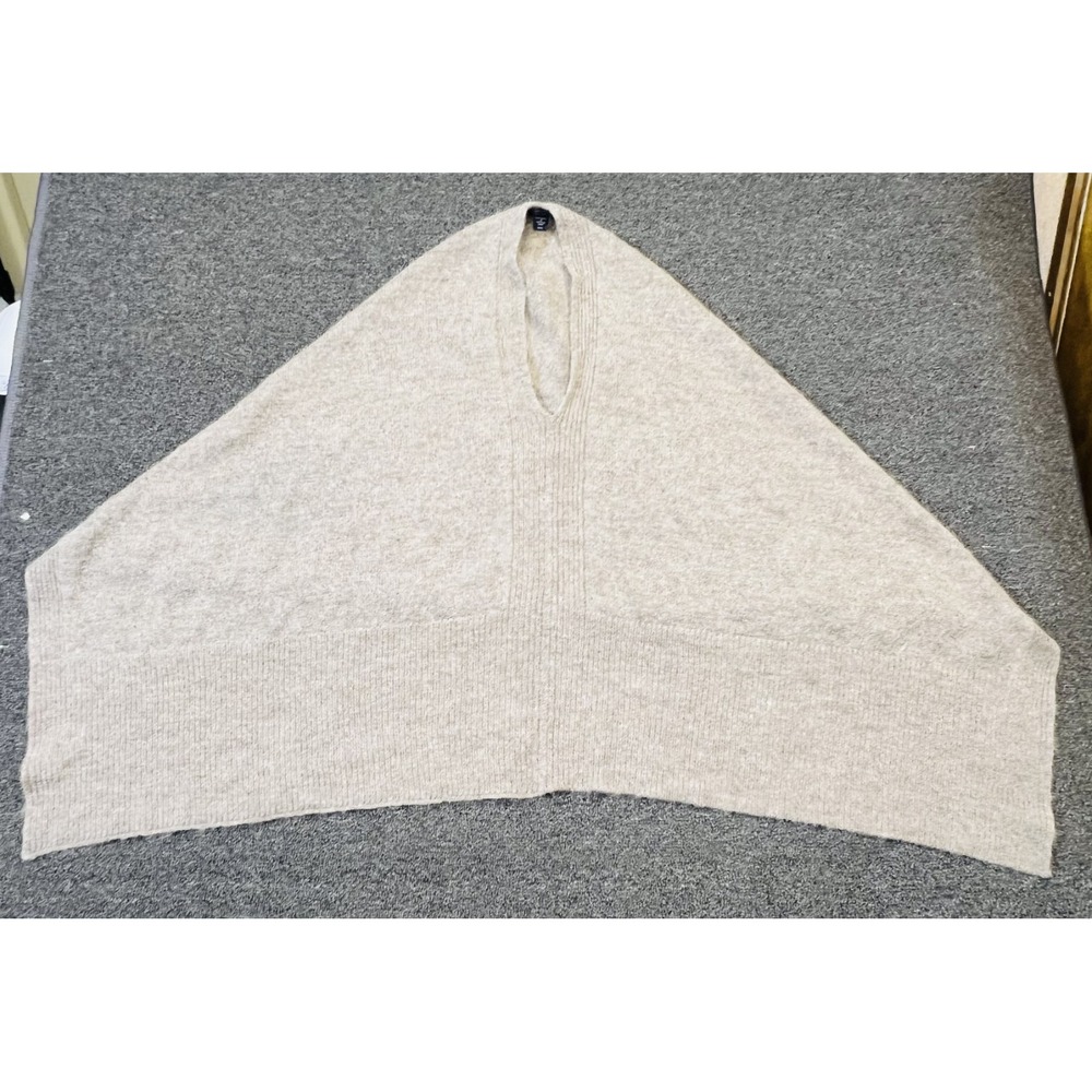 Splendid Knit Poncho Womens M/L Beige Wool Blend Asymmetrical Shape Ribbed Trim